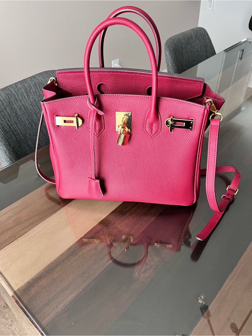 Red Structured Top-Handle Purse with Gold Hardware Birkin Inspired - Picture 3 of 5